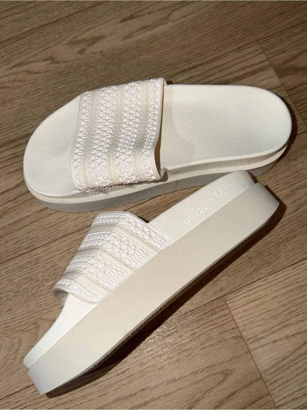 Adidas Originals Adilette Bonega platform sliders in cloud white/off white
